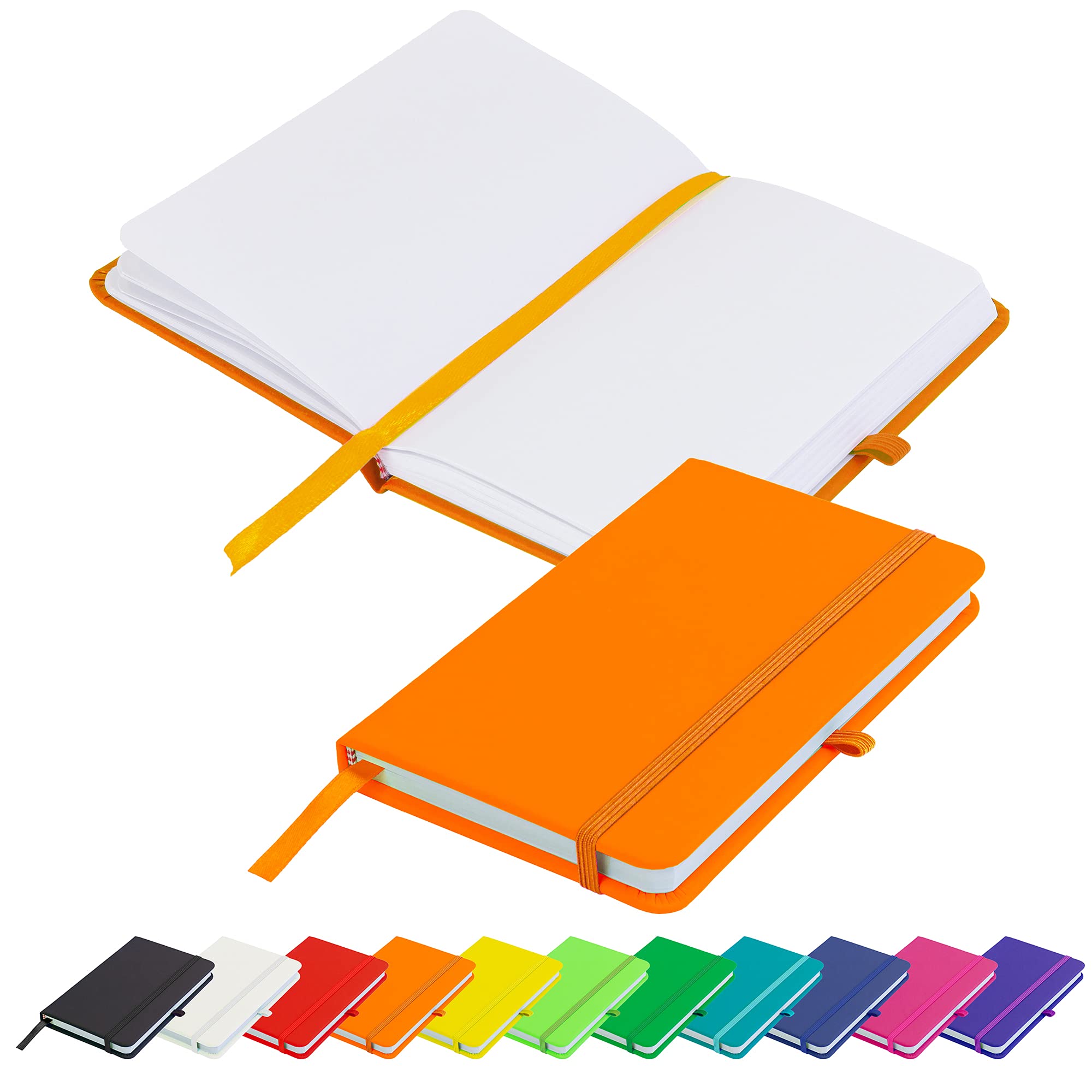 Savvy Bee Blanco Basic A6 Notebook Unlined Plain Page New Hardback Journal with pen loop, elastic closure, ribbon marker and pen loop Notepad Note Book Notes Diary Pad (Orange)