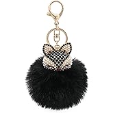 HOYUNLA Faux Rabbit Fur Ball Pom Pom Keychain with Fox Head Studded with pearl Rhinestone for Womens Bag Car Key Decoration