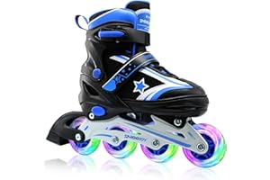 SMOOJOY Inline Skates for Kids 4 Size Adjustable Light-Up Wheels Aluminum Frame Black Rose Red Blade Skate for Boys and Girls S, M, L Sizes, Ages 5-8, 6-12, for Beginners Indoors and Outdoors