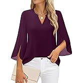 Timeson Women's 3/4 Sleeve Chiffon Blouse Shirt V Neck Dressy Tunic Tops