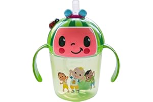 The First Years Cocomelon Weighted Straw Cup - Spill Proof Toddler Straw Cups with Flip Top Cover - Transition Sippy Cups - Toddler Feeding Supplies - 7 Oz - Ages 6 Months and Up