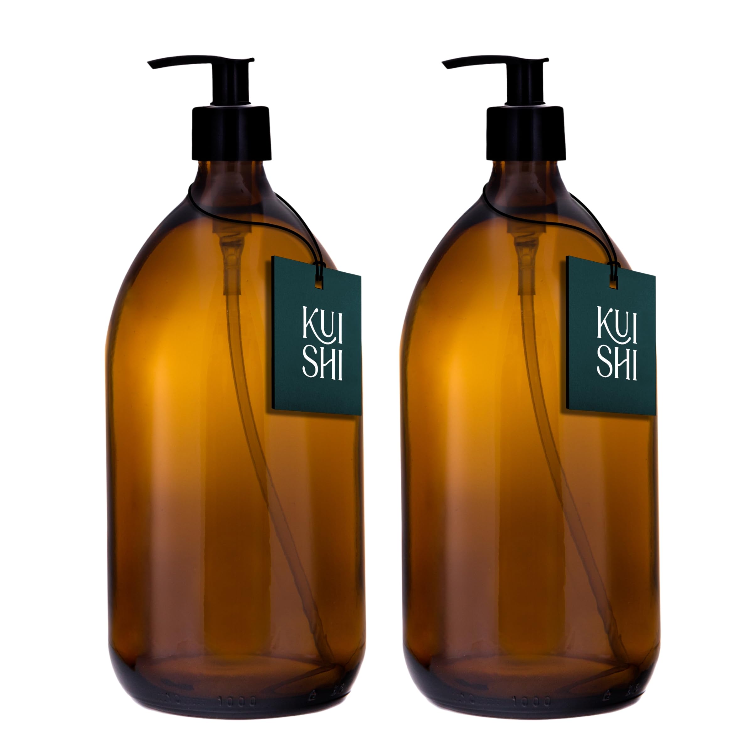 Kuishi 1000ml Glass Soap Dispenser with Black Plastic Pump - Pack of 2 Refillable BPA-Free Hand Soap Dispenser for Kitchen & Bathroom, Amber
