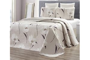GrandLinen 3-Piece Fine Printed Oversize (118" X 95") Quilt Set Reversible Bedspread Coverlet (California) Cal King Size Bed Cover (Taupe, Brown, White Tulip Floral)