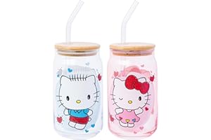Silver Buffalo Sanrio Hello Kitty and Friends Featuring Dear Daniel 2 Pack Glass Jar Tumbler with Bamboo Lid and Glass Straw, 16 Ounces