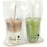 Camtoms Drink Carrier Bag - 100pcs 2 Cup Carrier with Handle for Delivery Drivers - 32oz Cup Holder Bag for Beverages - Plastic Drink Bags for Food Delivery
