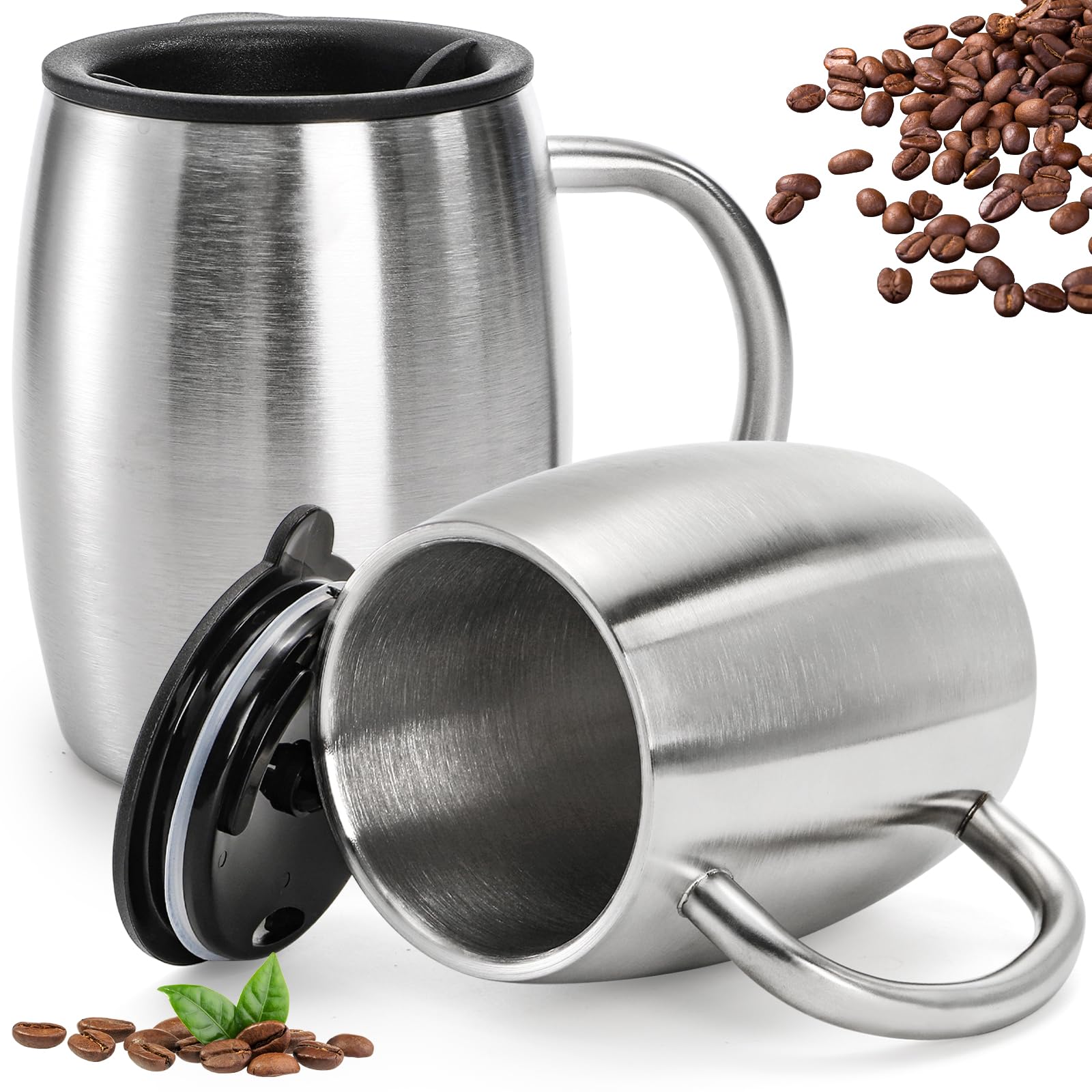 Lawei 2 Pcs Coffee Mug Stainless Steel Travel Mugs Double Walled Insulated with Lids Shatterproof BPA-Free with Handle for Hot & Cold Drinks, 400 ml