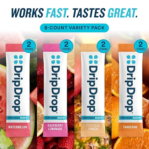 DRIPDROP ZERO SUGAR PLUS – SUGAR FREE HYDRATION PACKETS – SINGLE SERVE ELECTROLYTES POWDER DRINK MIX – RASPBERRY LEMONADE, WATERMELON, TANGERINE, TROPICAL PUNCH – NON-GMO, VEGAN- 8 STICKS