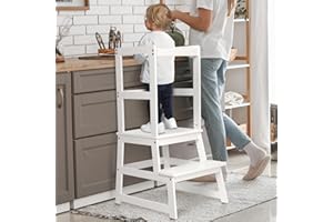 KIDINIX Kids Kitchen Step Stool, Standing Stool with Safety Rail for Toddlers 18 Months and Older, Safety Anti-Slip Protection, Removable Step Stool for Adult Use, White