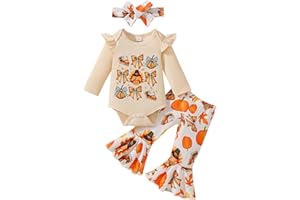 TINYPAINTER Baby Girl Thanksgiving Outfit Pumpkin Pie Romper+Flare Pants Newborn Girl Turkey Day Clothes 0-18 Months