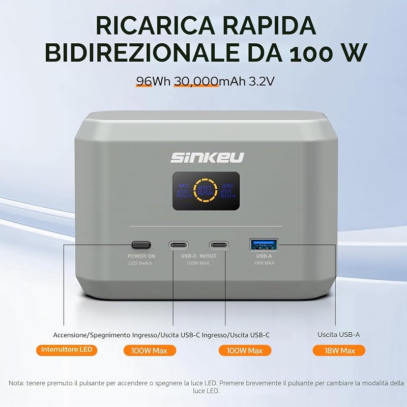 Powerstation portatile, batteria LiFePO4 da 96 Wh, USB-C 100 W di ingresso/uscita