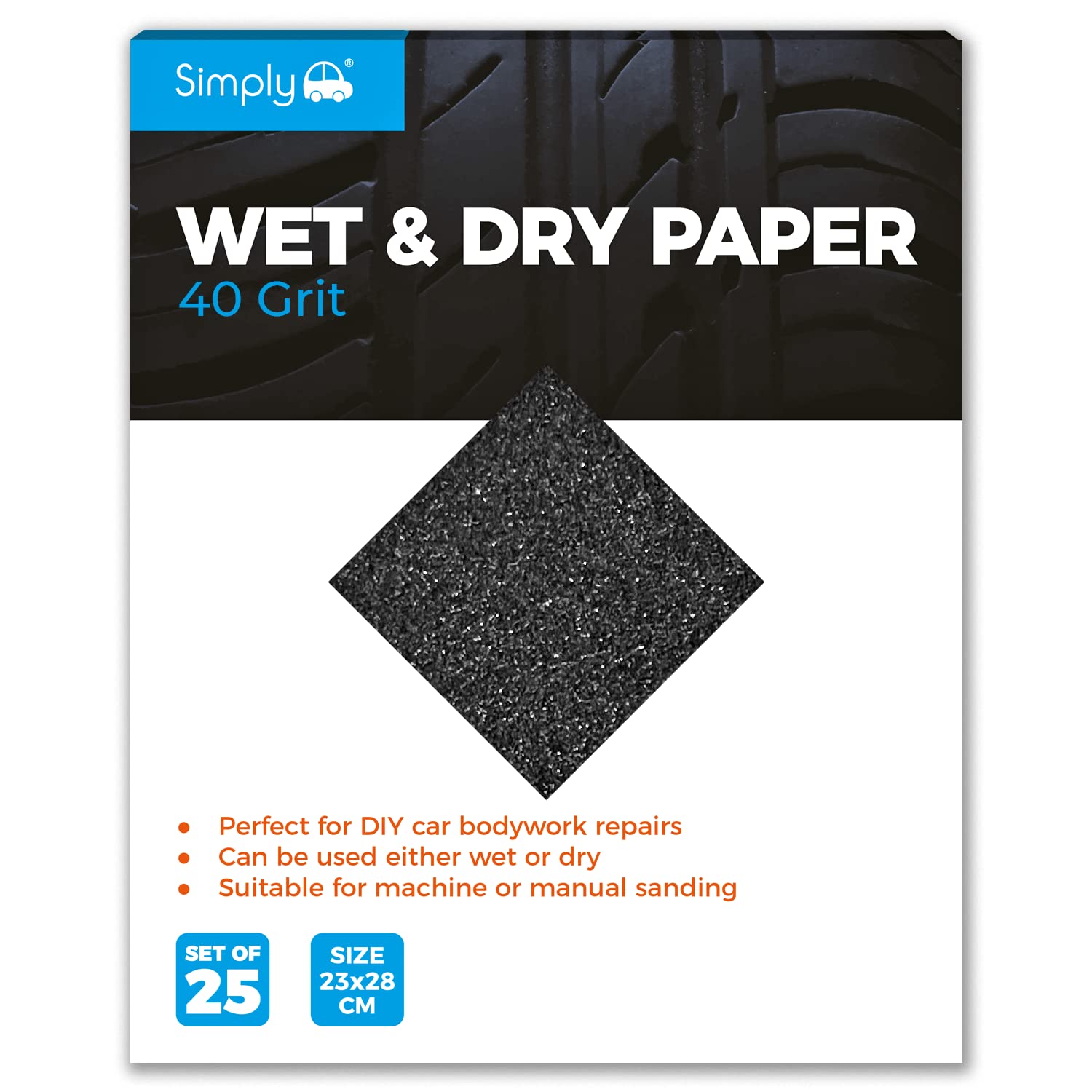 Simply WD0040 Wet & Dry Polishing Paper 40 Grit, Pack of 25, 230mm x 280mm, Perfect for DIY Car Bodywork Repairs, Machine, Manual Sanding, Furniture and Home Improvement