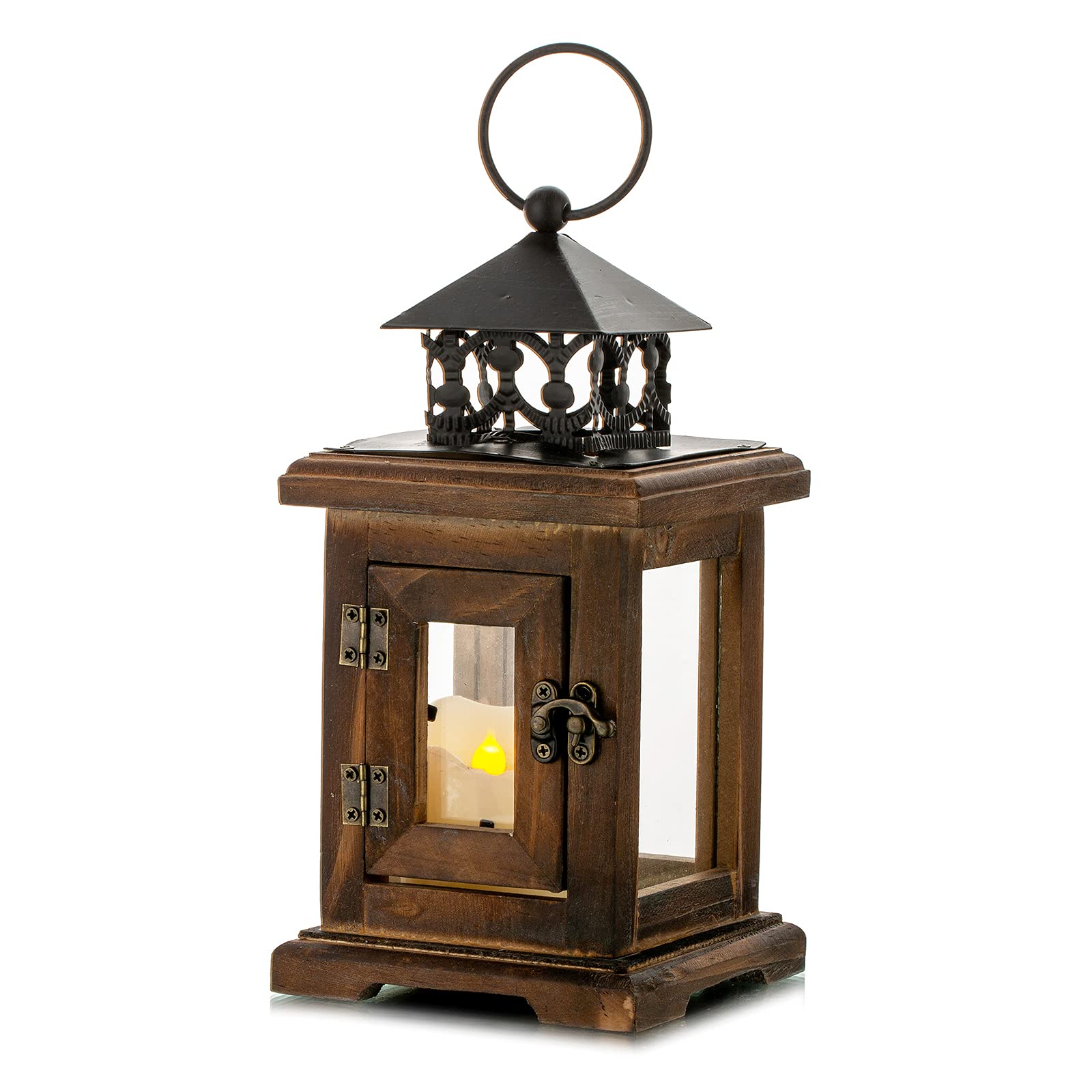 Romadedi Decorative Candle lantern Rustic - Distressed Wooden Vintage Candle Holder Hanging/Tabletop Lantern Metal & Glass for Indoor Outdoor Home Decor Party Weddings