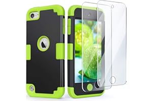 IDweel for iPod Touch Case with 2 Screen Protectors, 3 in 1 Hard PC Case + Silicone Shockproof for Kids Heavy Duty Hard Case Cover for iPod Touch 7th/6th/5th Generation,Black+Green