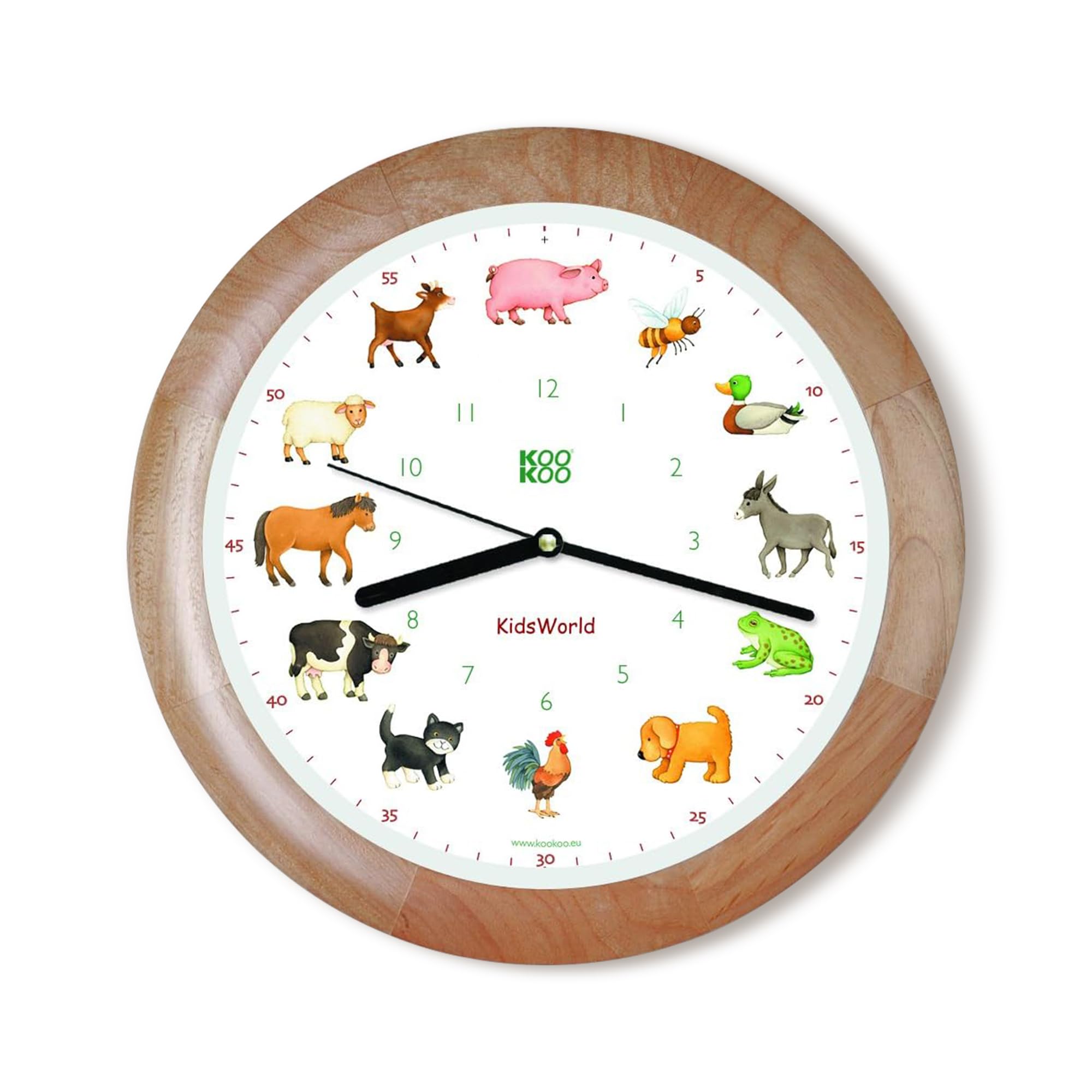 KOOKOO KidsWorld wood, genuine wall clock with natural sounds, 12 farm animals — image 1