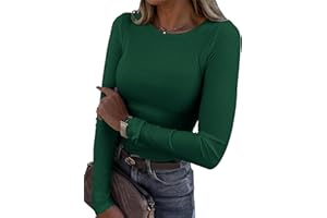 Roselux Womens Long Sleeve Stretch Crewneck Ribbed T-Shirt Fitted Casual Basic Tops