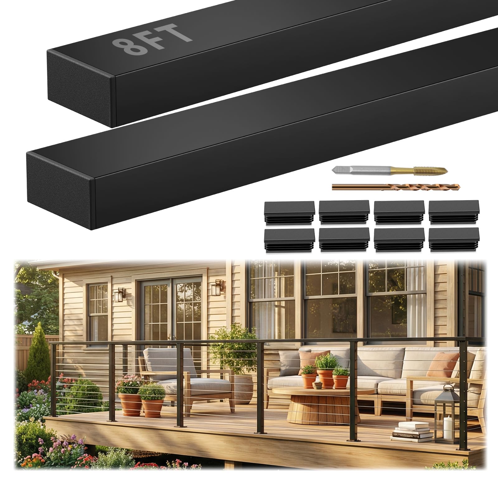 Photo 1 of Gyykzz 8FT Stainless Steel T304 Black Handrail, 2 Pack Rectangular Cuttable Handrail Flat Deck Top Rail with 8 Pcs Nylon End Caps for Indoor Outdoor Deck Stair Cable Railing System DIY Balustrade