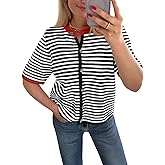 Saodimallsu Womens Short Sleeve Cardigans Lightweight Striped Button Down Crew Neck Spring Summer Sweater Tops