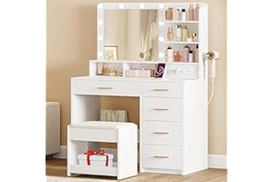 Hzuaneri Vanity Desk with Lights and Outlet, Makeup Vanity with Mirror, 3-Color LED Dressing Table Set with Storage Drawers f