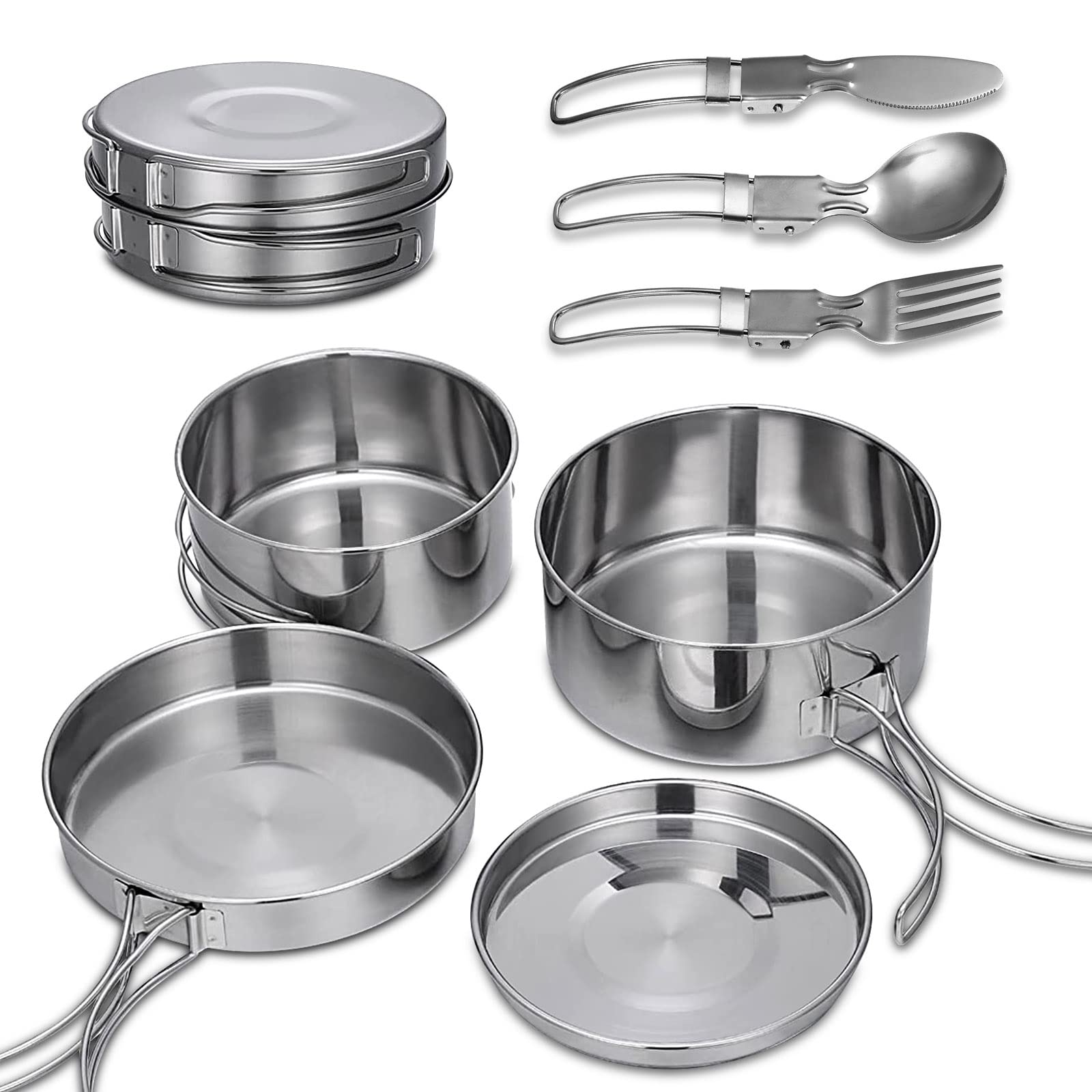 7Pcs Stainless Steel Camping Cookware Set, Camping Pots And Pans 900ml 600ml Cooking Pots 14.8cm Frying Pan 13cm Plate with 3Pcs Cutlery Set for Camping, Picnic Includes Carry Bag