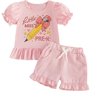 Toddler Girls First Day of Pre-K Outfit Puff Sleeve Shirt Plaid Shorts Set | 2T 3T 4T Girls Back to School Outfits, Preschool