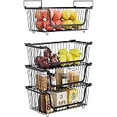 4 Pcs Stackable Wire Baskets for Pantry Organizers and Storage,Kitchen Storage Metal Baskets,Produce Potato Onion Storage Bin,Vegetable Fruit Basket for Countertop,Black