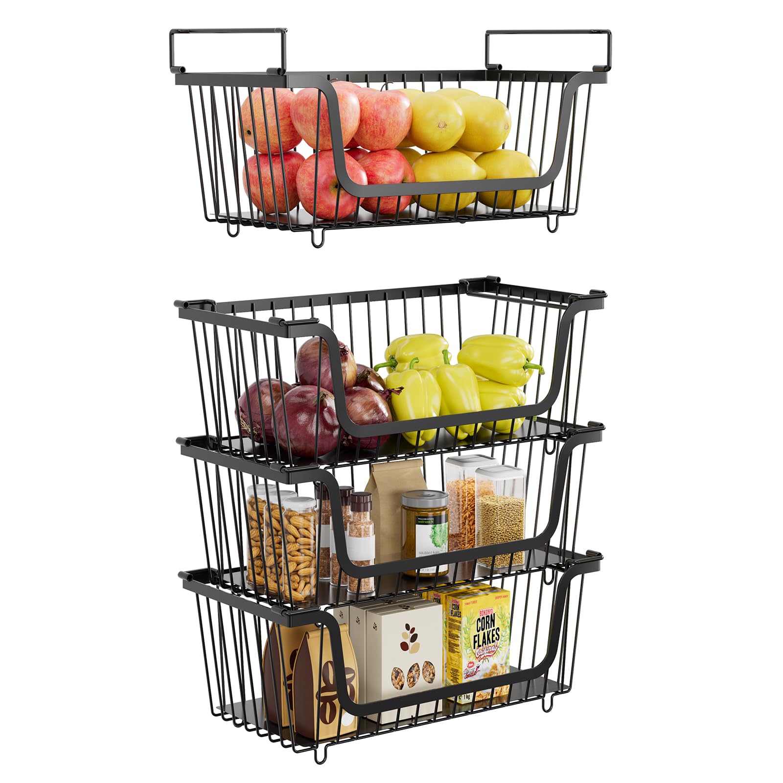 Photo 1 of 4 Pcs Stackable Wire Baskets for Pantry Organizers and Storage,Kitchen Storage Metal Baskets,Produce Potato Onion Storage Bin,Vegetable Fruit Basket for Countertop,Black