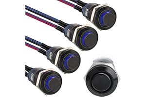 STARELO 5pcs 12mm Latching led Push Button Switch Black Shell with pre-Wiring, IP65 Waterproof Push Button Switch,1NO 1 Normally,Self-Locking with LED(Blue).