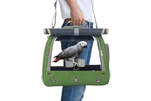 KREACHUR Bird Carrier Parrot Travel Cage with Perch, Food Bowl, Tray and Breathable Clear Window, Bird Travel Bag for African Gray Cockatiel Caique Conure Quaker, for Vetting Camping Hiking (Green)