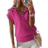 Dokotoo Women's Casual Sleeveless Half Zip Pullover Sweaters Solid V Neck Collar Ribbed Knitted Loose Sweaters