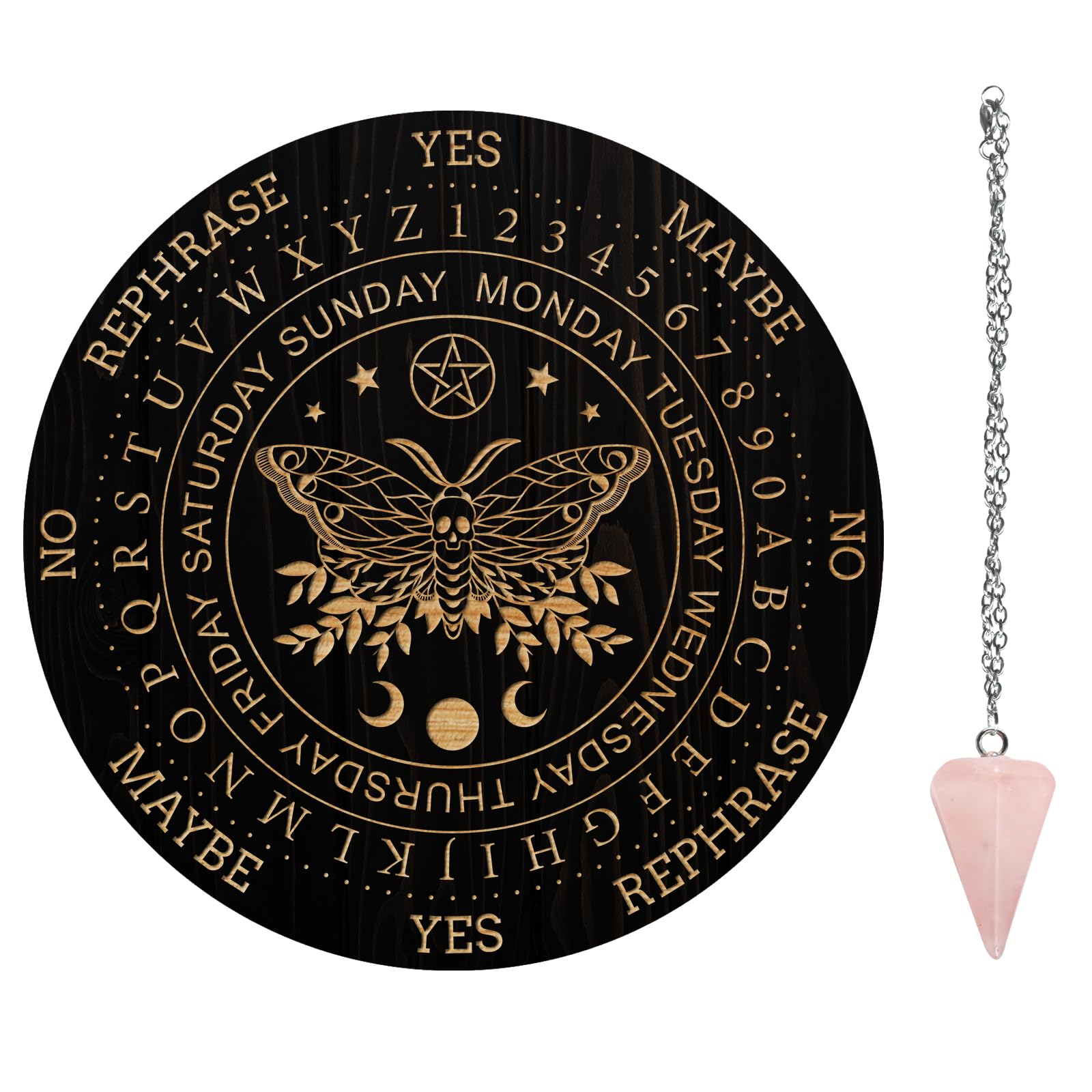 AHANDMAKER Skull & Divination Pendulum Board, 7.8" Dowsing Divination Metaphysical Message Board Wooden Carven Board with Crystal Pendulum Necklace Divination for Witchcraft Wiccan Altar Supplies Kit