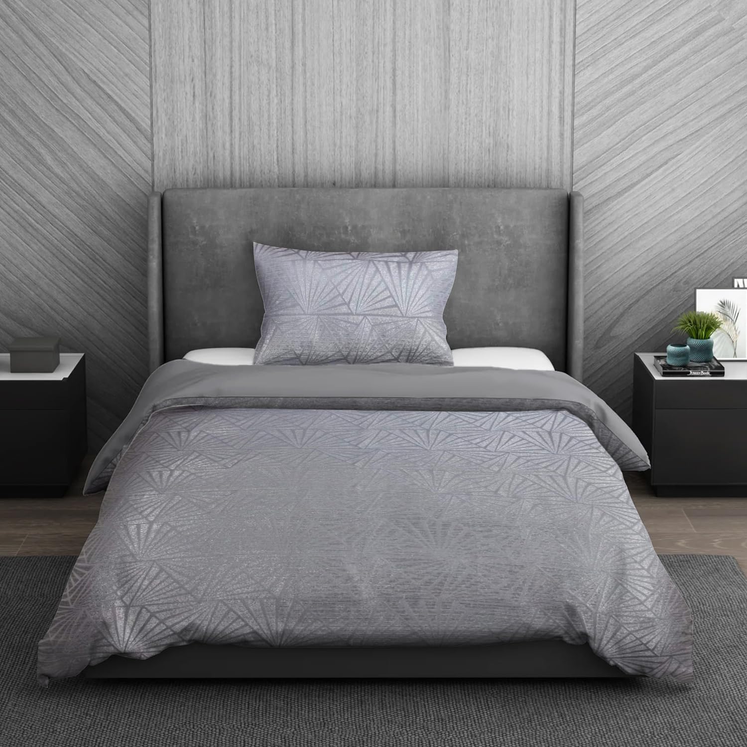 Sleepdown Super Soft Geometric Luxury Lurex Jacquard Silver Deco Easy Care Cosy Duvet Cover Quilt Bedding Set with Pillowcase - Single (135cm x 200cm) silver 5056242801306