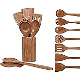 DEVLA Accacia wooden Kitchen Utensils Set - 8-Piece Non-Toxic Cooking Utensils Set - Wooden Spoons for Cooking - Spatula for Cooking - with holder cup and spoon rest.