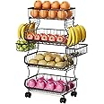 Simple Trending 4 Tier Rolling Cart, Stackable Fruit Vegetable Basket with Wheels and 2 Hanging Basket, Kitchen Storage Metal Wire Basket Stand for Vegetable Bread Snacks, Black