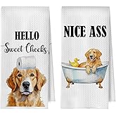 BlissfulAbon Golden Retriever Bathroom Towels - Funny Golden Retriever Decorative Waffle Weave Hand Towels for Toilet Bathroom, 16×24 Inches Set of 2