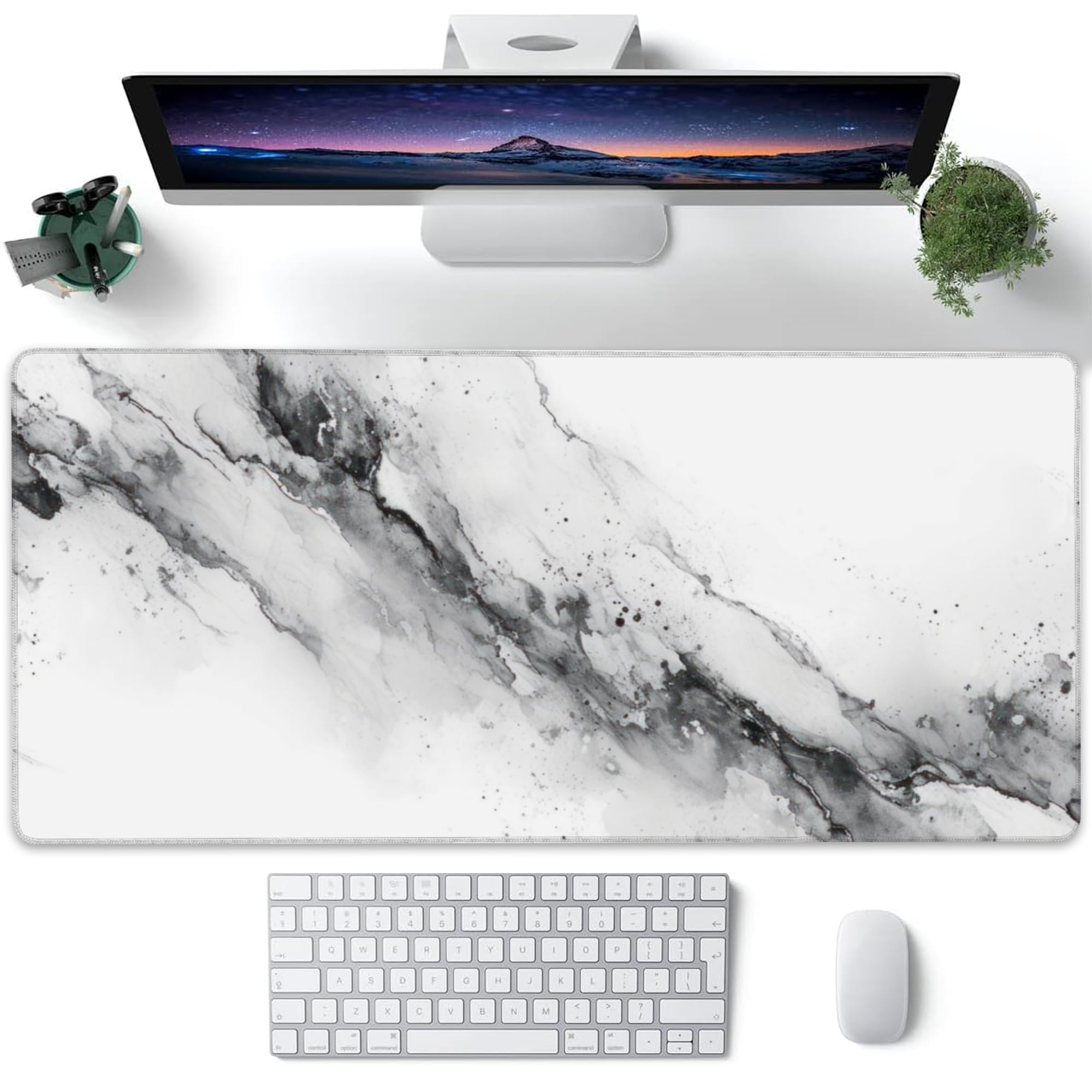 Photo 1 of XXL Mouse Pad, White Black Marble Texture Large Desk Mat for Desktop, Extended Large Gaming Mouse Pad Mouse Mat with Non-Slip Rubber Base Stitched Edges for Computer Keyborad Home Office 35.4"X15.7"