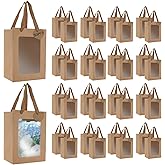 JIABEIUS 50 Pcs Kraft Paper Gift Bags with Window, Clear Gift Bags with Handles and 50Pcs Tag, 9.84 x 7.0 x 5.12 Inch Brown Shopping Pocket for Birthday Wedding Festival Party Present Wrapping