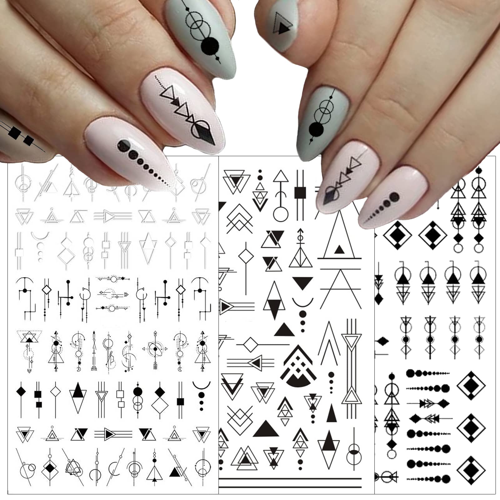 10 Sheets Black White Geometric Nail Art Stickers Decals 3D Self-Adhesive DIY Geometry Triangular Rhombus Minimalist Design Acrylic Nails Supplies Manicure Decorations Tip for Women Men