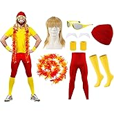 Knitgrip 8 Pcs Mardi Gras Wrestler Costume Kit Wig Yellow Red Feather Boa for Adult Men Cosplay Party Accessories