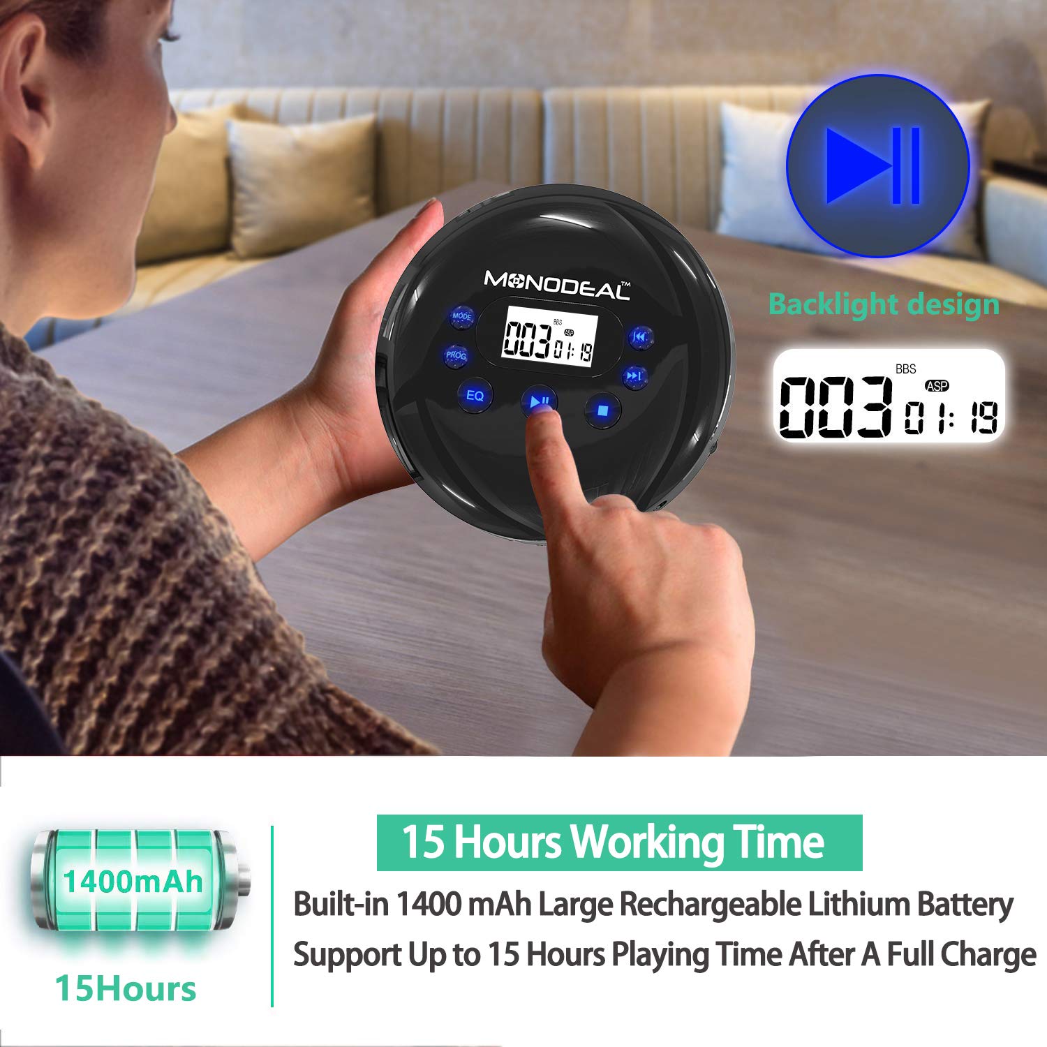 Portable CD Player, MONODEAL Rechargeable Personal Compact Disc CD Player with Headphones, Anti-Skip Small Player for Cars Adults Kids Students (with Larger LCD Display)