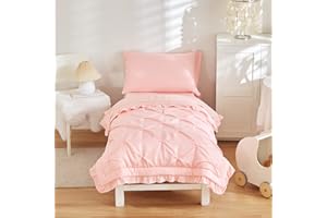 FLYSHEEP 4 Pieces Pinch Pleated Toddler Bedding Set with Ruffle Fringe, Solid Color Pink Unisex Pintuck Toddler Sheet Sets for Baby Girls, Includes Comforter, Flat Sheet, Fitted Sheet and Pillowcase