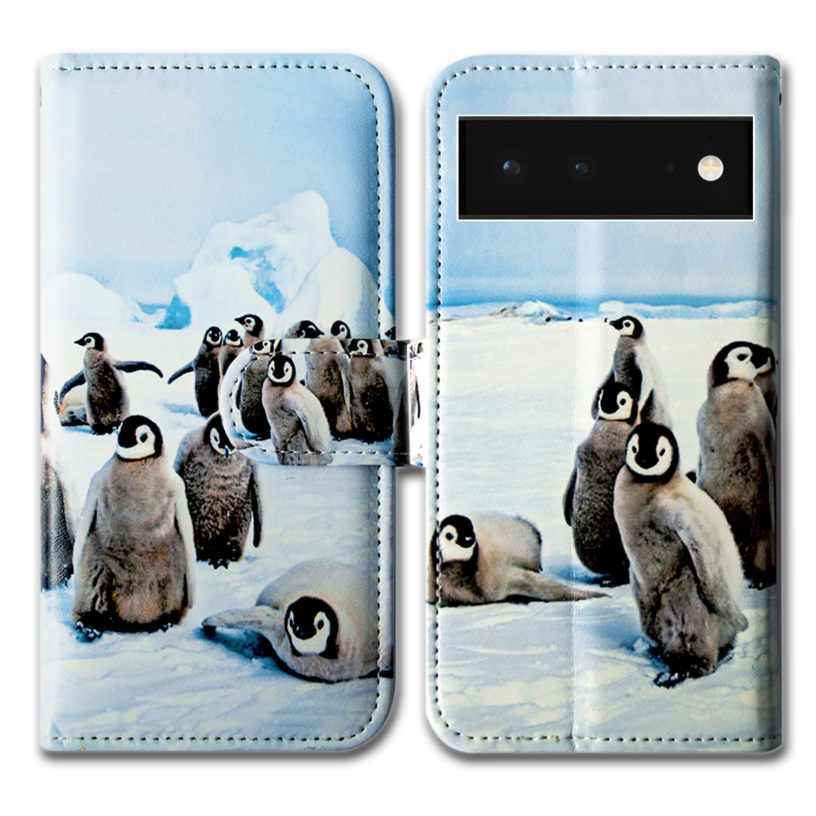 Bcov Google Pixel 6 Case, Cute Playing Penguin Leather Flip Phone Case Wallet Cover with Card Slot Holder Kickstand For Google Pixel 6
