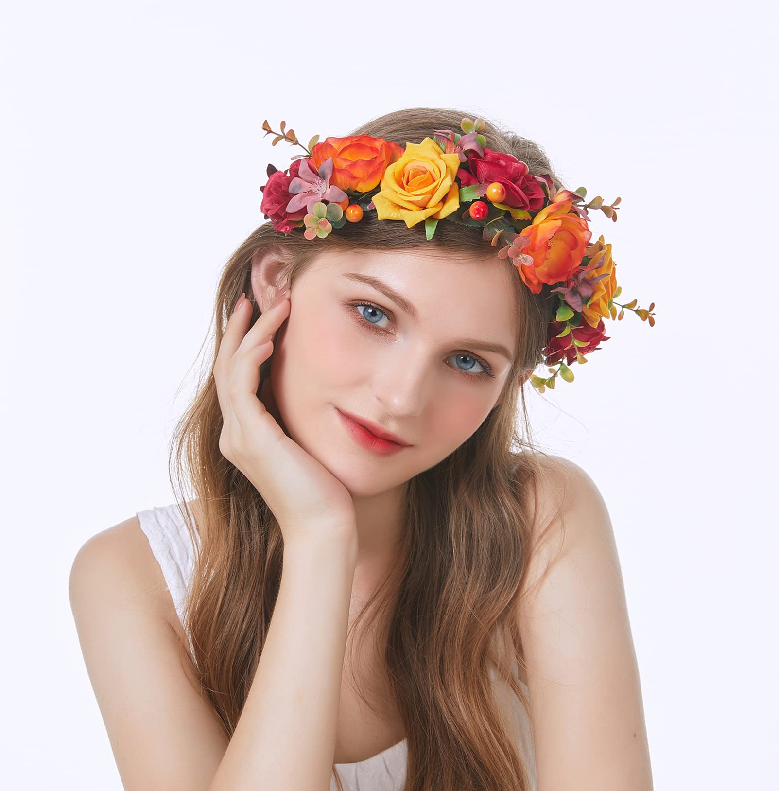 Brikuinr Floral Crown Wreath Flower Garland Headband Hair Wreath Hair Garland Flower Halo Floral Headpiece Boho with Ribbon Wedding Party Orange