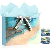 YoungTree Large Gift Bag with Tissue Papers and Greeting Card Two-Tone Ribbon, Birthday Portable Paper Gift Bag with Handles,Present Bags for Valentines Day Wedding Party Supplies(Blue Marble Pattern)