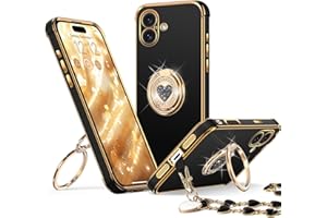 XYZ for iPhone 16 Case with Stand, Phone Case with Double Ring Kickstand, Women Girls Bling Luxury Protective Case Heart for 