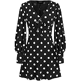 CIDER Womens Polka Dot Long Sleeve Mini Dress V Neck Tie Front Casual Dresses