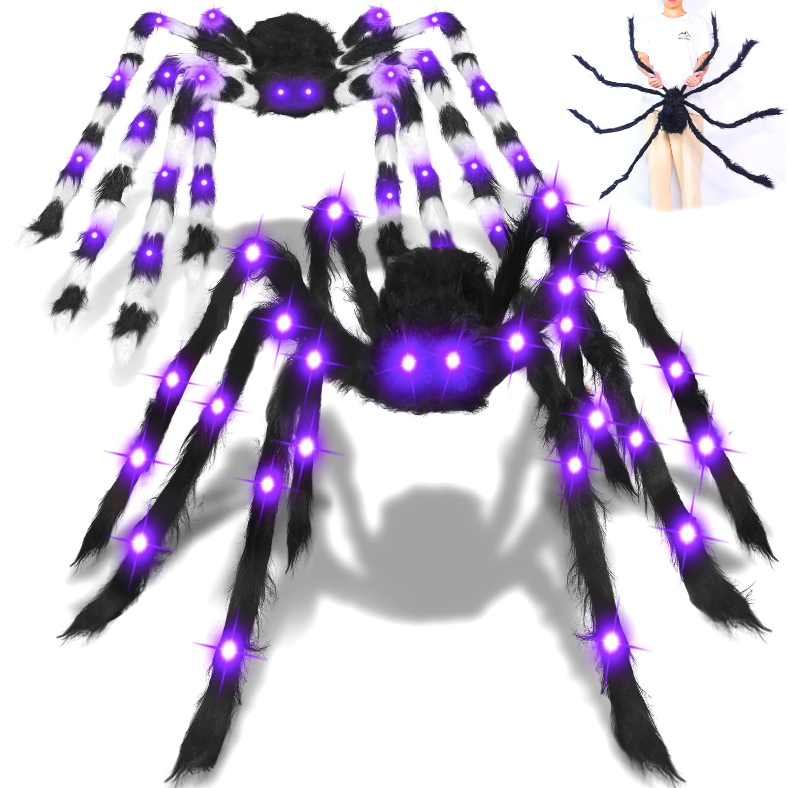 Photo 1 of 2 Pack 5 Ft+4.2 Ft Giant Spider Halloween Decorations Outdoor, Light up Black and Dual Color Fake Spider Totally 52 Purple LED for Yard Outside Indoor Scary Haunted House Prop Halloween Party Decor