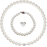 SukAmi White Pearl Jewelry Set Women S925 Silver Pearl Earrings Pearls Necklace Set 42cm Pearl Bracele 19cm