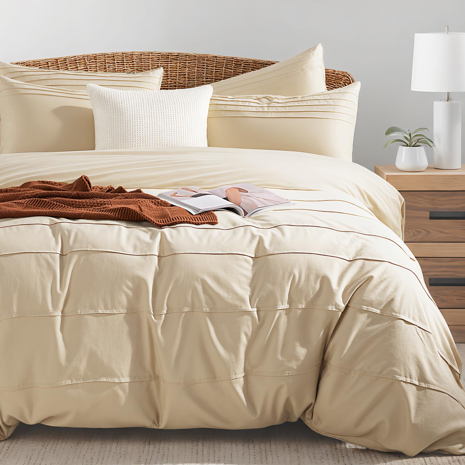 Photo 1 of NEXHOME PRO 100% Organic Cotton Duvet Cover Queen, Linen Like Pleated Textured Duvet Cover Set Yellow Tan, 3pc Bedding Set with Zipper Closure, Soft, Lightweight and Breathable(90"x90", No Comforter)