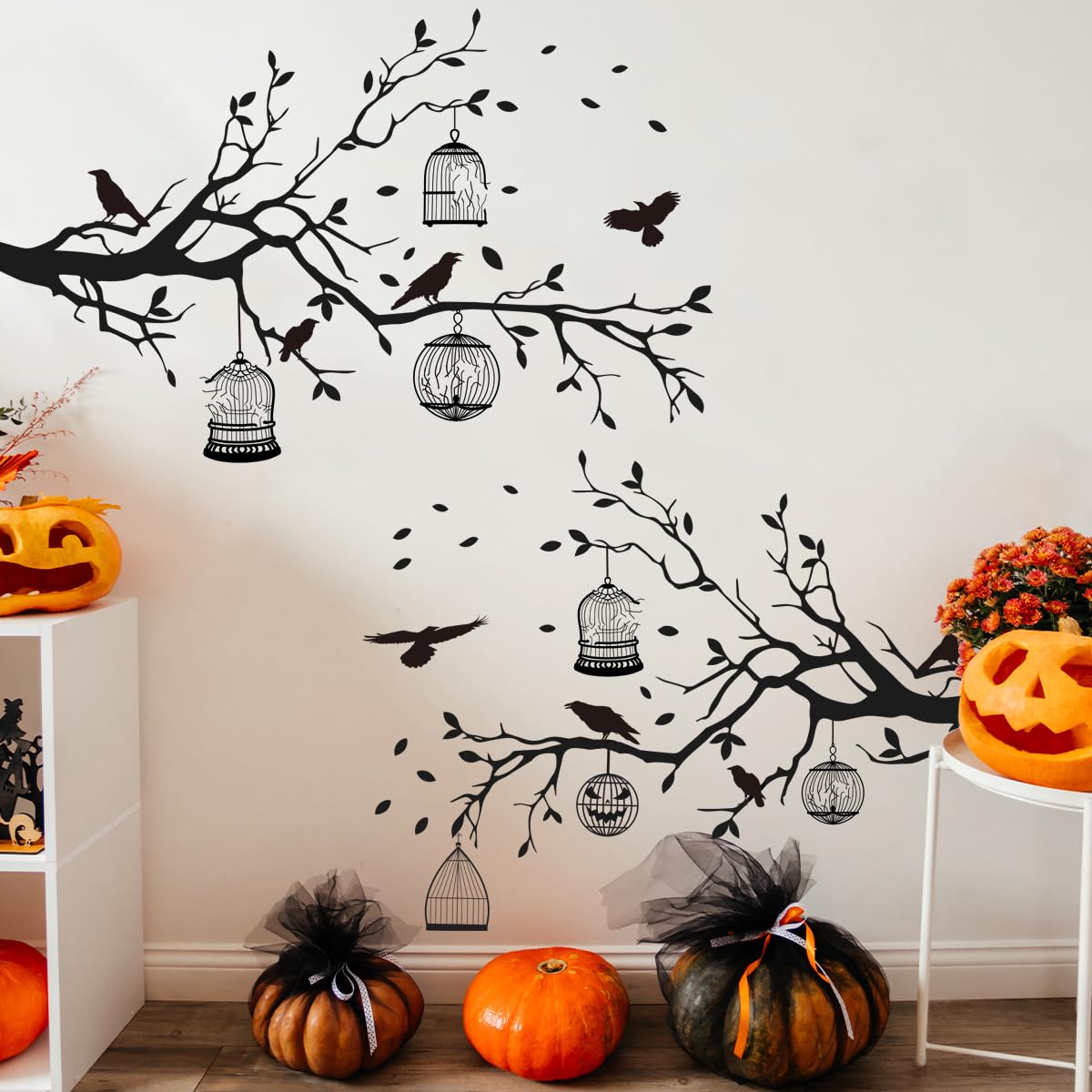 Photo 1 of 2 Sheets Halloween Gothic Wall Decals - Removable Raven Stickers, Black Crow Cage Decorations, Double Sided Design PVC Art Decal for Living Room Decor