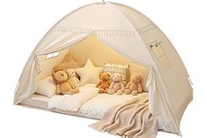 Sumbababy Toddler Bed Tent Canopy: Lights & Flags Indoor Floor Bed Kids Tent Playhouse - Portable & Foldable Twin Bunk Bed Cu